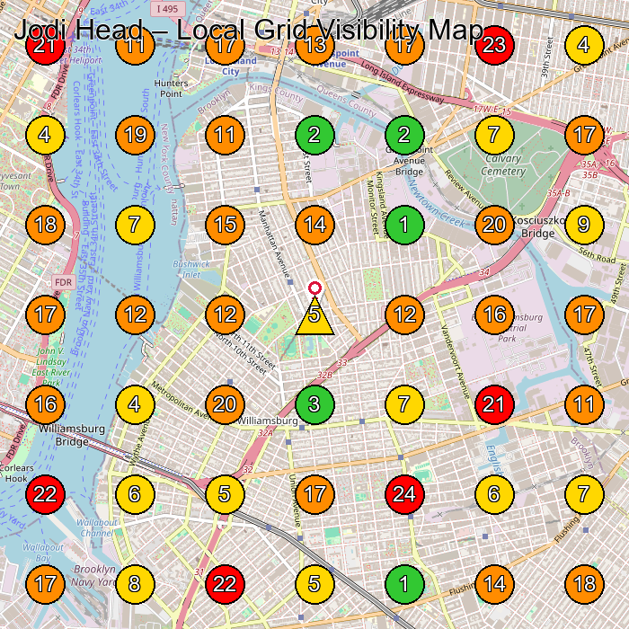 Jodi Head Leather Goods Manufacturer GeoGrid ranking map for Brooklyn NY